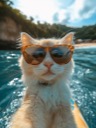Ejemplo de Flow AI: un gato blanco con gafas de sol sobre una tabla de surf
